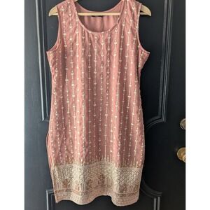 Embroidered Kurti Tunic Dress Dupatta Gold Trim Zari Pink Sleeveless Women's XL